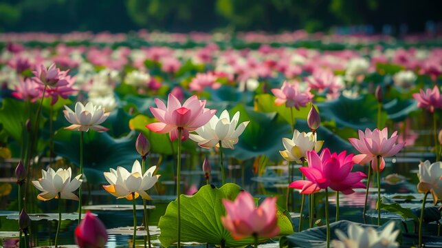 A panoramic view of a field of blooming lotus flowers in a tranquil pond, with reflections of pink and white blossoms on the water's surface