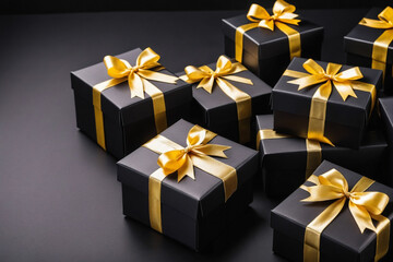 Black Friday. Cyber Monday. Black christmas boxes with golden ribbon on black background with copy space for text