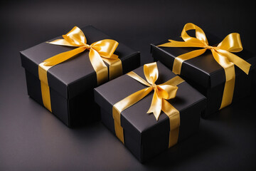 Black Friday. Cyber Monday. Black christmas boxes with golden ribbon on black background with copy space for text