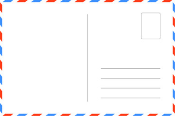 blank postcard template with place for stamp. white paper texture. airmail postcard with red and blue border