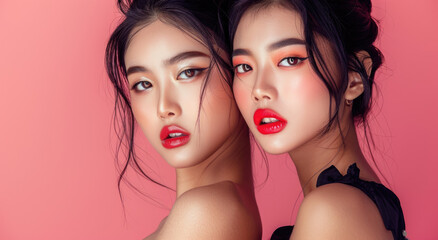 two beautiful asian women with makeup in black hair and black dress on pink background