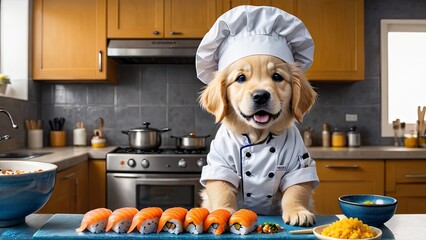 Puppy Sushi Chef: Delightful Golden Retriever Prepares a Sushi Feast