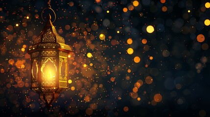 Arabic traditional lantern glowing in the dark with a bokeh background. Eid Mubarak Muslim holiday celebration banner with copy space for text. 