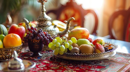 Still life fruits grapes mangoes and traditional utensils iftar dinner Ramadan and eid mubarak 