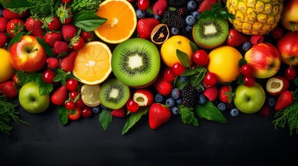 Naklejka na ściany i meble Top view, fresh fruits and vegetables. Sliced pieces of Orange Apple, Kiwi, Tomato, blackberry, strawberry, blueberry, lemon on a black background with copy space. Healthy lifestyle, Organic products.