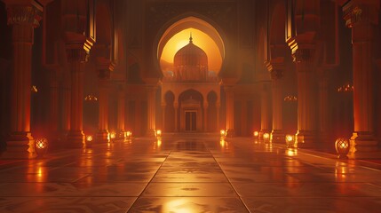 Beautiful interior of a grand masjid with glowing orange lights. Masjid hallway with the view of masjid dome.