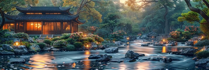 A Serene Chinese Tea Garden With Blooming, Background Image, Background For Banner, HD