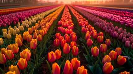 Aerial view of a tulip farm in the Netherlands, displaying an array of colors as the tulips bloom in perfect rows, - obrazy, fototapety, plakaty