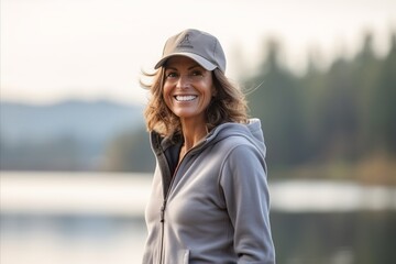 Portrait of a beautiful mature woman smiling at the camera while wearing a baseball cap.