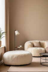 Fototapeta premium Fluffy sheepskin poufs near curved sofa against beige wall with copy space. Minimalist luxury home interior design of modern living room