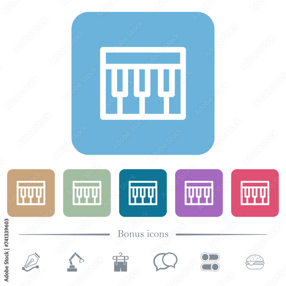 Poster piano keyboard outline flat icons on color rounded square backgrounds