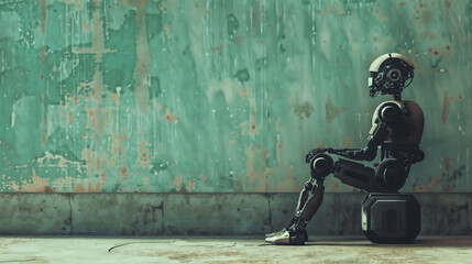 Turquoise Wall Background with Contemplative Man and Retro-Futuristic Humanoid Robot Waiting Together: A Blend of Vintage Machinery and Advanced Technology