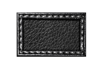 Black leather frame. Belt strap closeup isolated on white. Black stitched leather seam frame. Label...