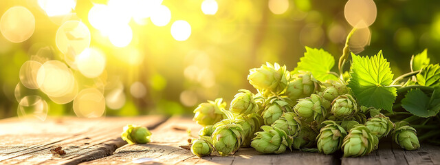 hops on a wooden table close-up