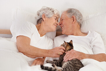 Senior couple, bed and cat for bonding, embrace and love in morning for smile and cuddle. Mature...