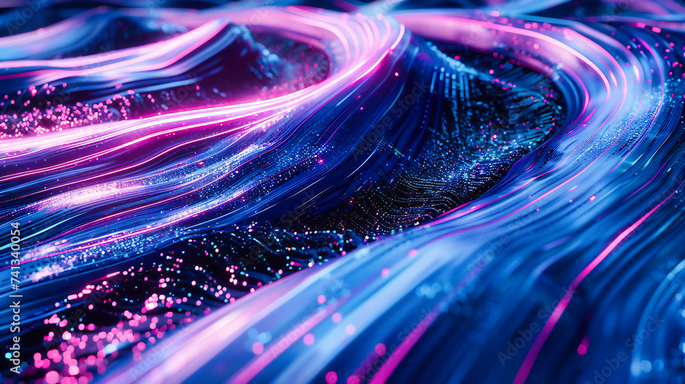 Poster abstract motion and technology concept, futuristic neon lines on dark background with bright speed e