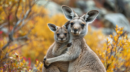 Kangaroo mom with kangaroo baby in habitat