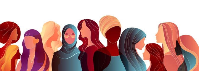 Group silhouette of multicultural women. International women's day. Equality Diversity - Inclusion - or Empowerment concept. Anti racism or stop discrimination. Banner copy space