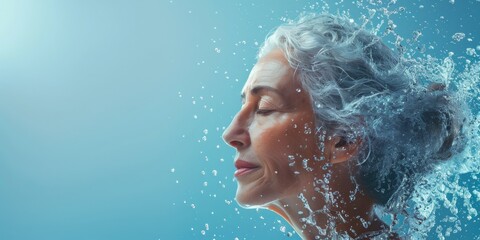 An Elderly Woman Enjoys the Freshness of a Water Splash, Symbolizing Purity and Rejuvenation, Generative AI