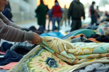 person handing out blankets to people in temporary shelter - obrazy, fototapety, plakaty