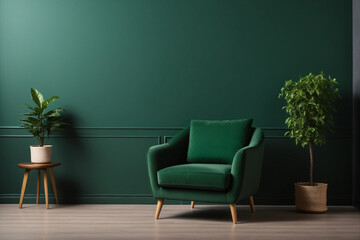 Living room with green armchair on empty dark green wall background