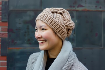 knitted brain cap worn by a smiling individual