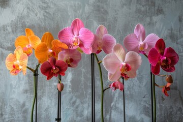 Artistic composition of exotic orchids against a minimalist background, highlighting the unique shapes and colors for magazine publication