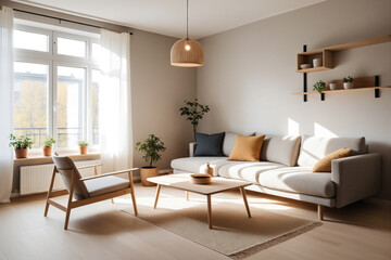 Fototapeta premium Modern interior japandi style design livingroom. Lighting and sunny scandinavian apartment with plaster and wood