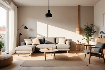 Naklejka na ściany i meble Modern interior japandi style design livingroom. Lighting and sunny scandinavian apartment with plaster and wood