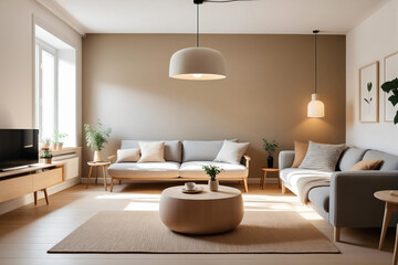 Modern interior japandi style design livingroom. Lighting and sunny scandinavian apartment with plaster and wood