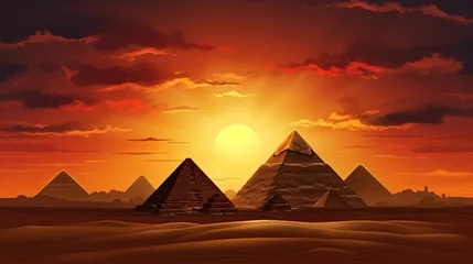 Fotobehang Fantasy on the Horizon: Sunset Majesty over Cairo's Golden Pyramids © adeelraza