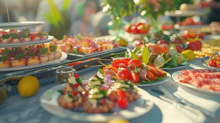 Colorful Catering Buffet Spread with Assorted Fresh Foods at Outdoor Event, Catering buffet food....