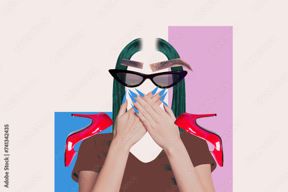 Sticker Abstract template graphics collage image of strange shocked faceless lady arms close mouth isolated colorful background