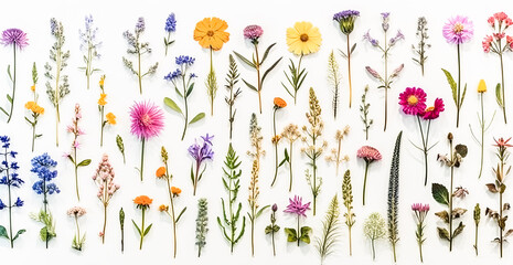 A stunning set of beautiful dried meadow flowers showcased against a white background. - obrazy, fototapety, plakaty