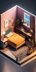 cube cutout of an isometric programmer bedroom, 3d art, muted colors, soft lighting, high detail, concept art, behance, ray tracing
