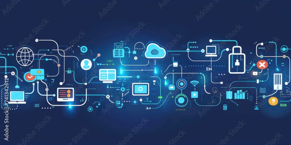 Poster A Vibrant Illustration of Interconnected Network Systems and Data Flow in the Digital Age, Generative AI