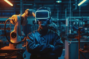 A male engineer wearing virtual reality glasses to simulate the automation of control of robotic welding machines in a modern factory laboratory. - obrazy, fototapety, plakaty