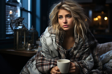 Thoughtful woman is seated on a bed, holding a cup in her hand