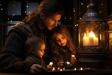 Mature man and two young children engage in a peaceful activity by candlelight, illuminating their faces with a warm glow