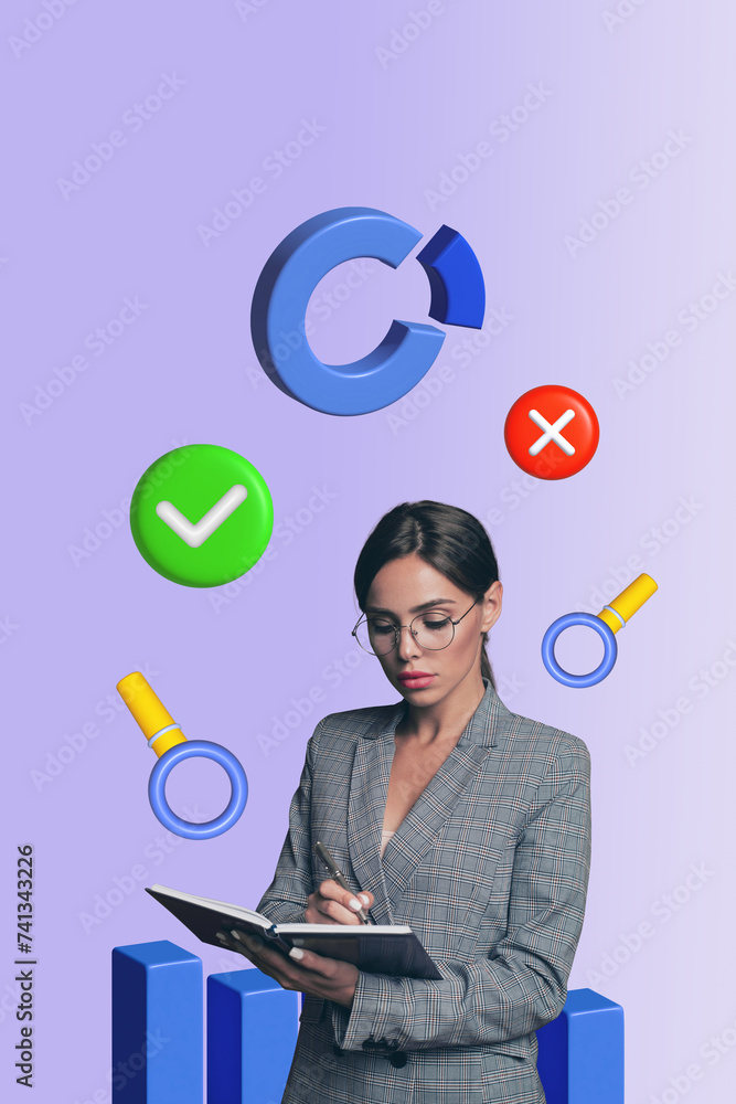 Poster digital creative collage of manager girl writing notebook browsing web choose right wrong button