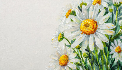 Oil painting of a Chamomile pure white background canvas, copyspace on a side