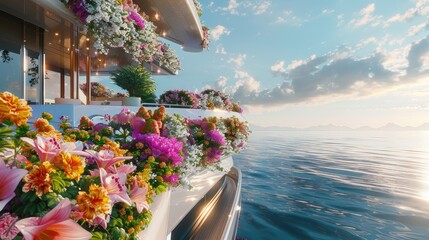 a yacht festivity with the deck adorned in vibrant flowers, set against the backdrop of tranquil waters reflecting the dreamlike scene. - obrazy, fototapety, plakaty