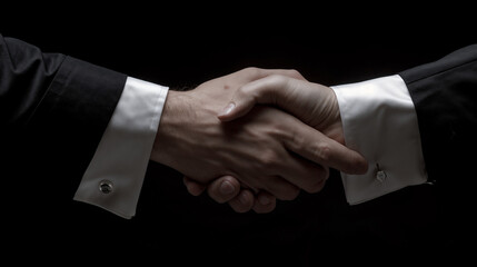 Corporate Handshake Denoting Successful Business Negotiations, Formal Suit Attire, Trusting Agreement, Two People Greeting, White Shirt with Cuffs, Expression of Respect, Neutral Dark Background