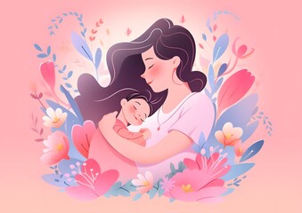 Tender Embrace of a Mother Holding Her Sleeping Baby Surrounded by Flowers