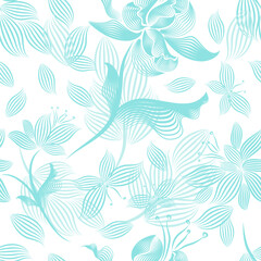 Fototapeta na wymiar Floral seamless pattern. Flower background. Floral seamless texture with flowers. Seamless background blue line. hand drawing. Not AI, Vector illustration