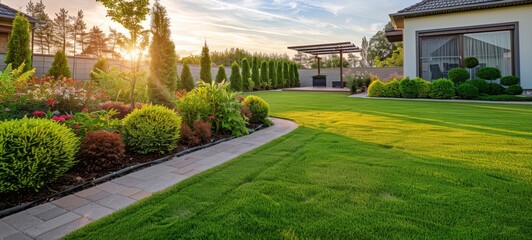 Neatly landscaped backyard of a modern home with trimmed hedges and a lush green lawn, perfect for architecture and home design.