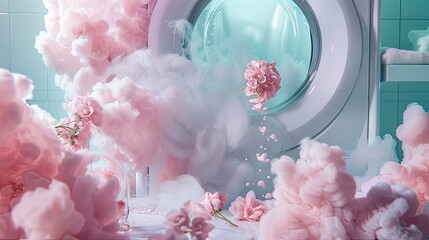 fragrant pink clouds and floral patterns emerging from freshly laundered items, illustrating the unique floral scent of laundry detergent gel. - obrazy, fototapety, plakaty