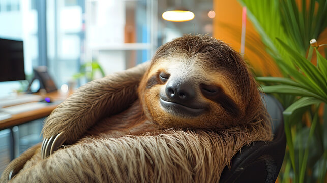 Sloth sleeping at workplace in light comfortable office, lazy co-workers concept 