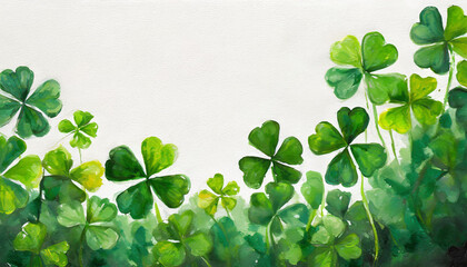 Oil painting of a four-leaf clovers pure white background canvas, copyspace on a side