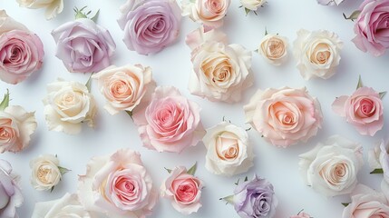 Obraz na płótnie Canvas a bridal flower arrangement featuring roses in a variety of pastel colors, beautifully arranged in a top view, flat lay composition, perfect for inspiring brides to be.